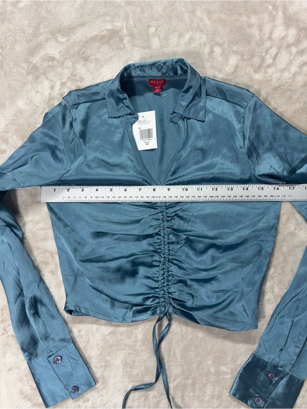 Teal Satin Ruched Crop Blouse XS Y2K City Girl Tie Front Top Chic - Picture 7 of 11